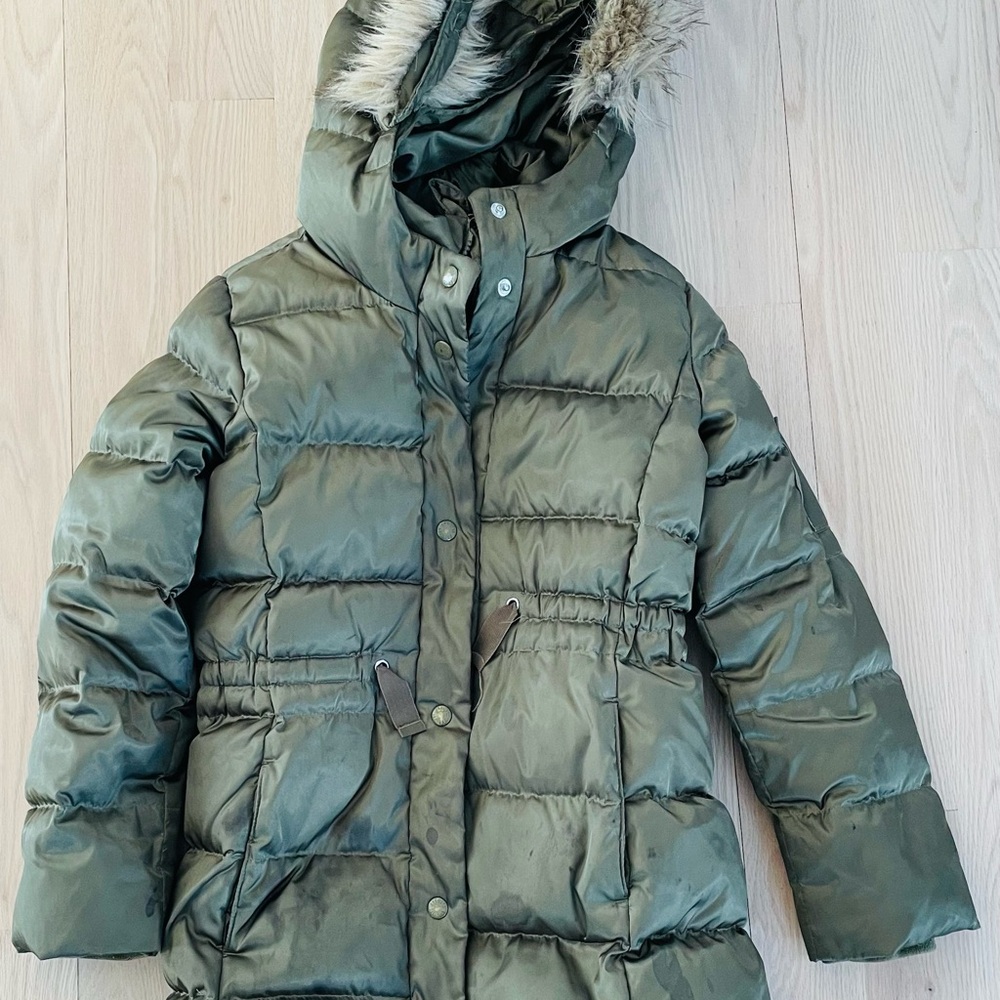 Kids Olive Green Puffer Jacket with Faux Fur Hood